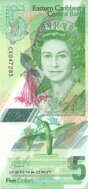 Genuine banknote of the Eastern Caribbean States 5 dollars 2021 polymer